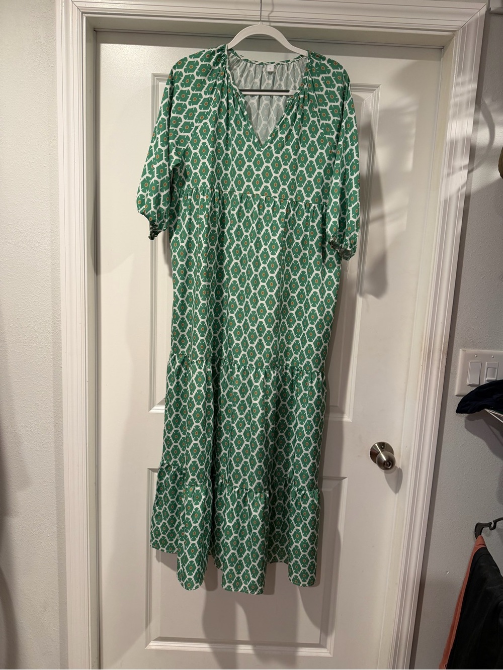 Green Printed V-Neck Tiered Maxi Dress